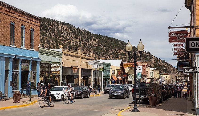 Street scene from historic western Idaho Springs, Colorado mining town
