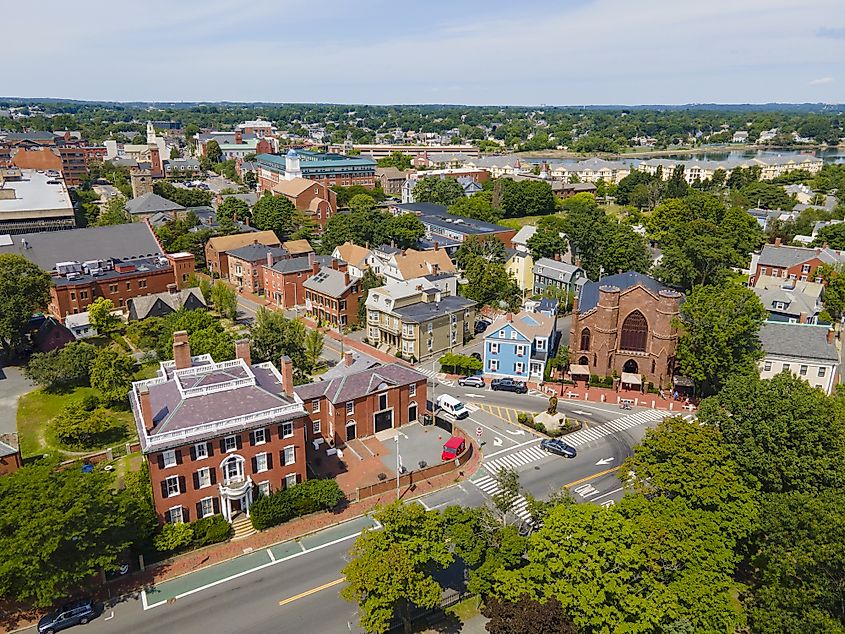 Aerial view of Salem historic city center including Salem Witch Museum and Andrew Safford House in city of Salem, Massachusetts 