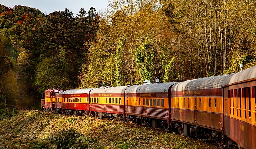 The Great Smoky Mountains Railroad train in western North Carolina near the Great Smoky mountains National Park.