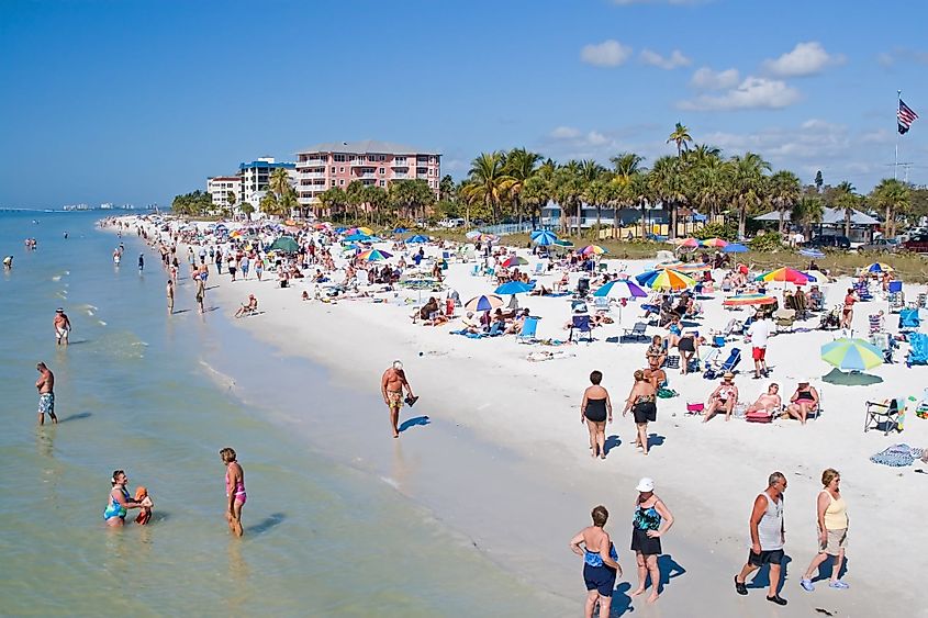 Drone photo of Fort Myers Beach on a sunny, cloudless day in May.