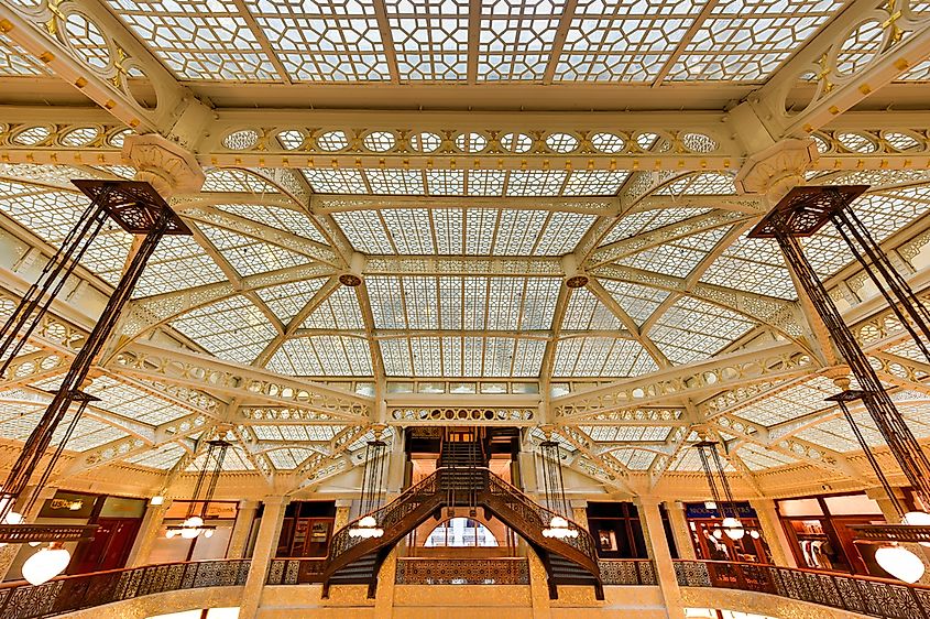 The light court interior of the Rookery Building in Chicago, Illinois.
