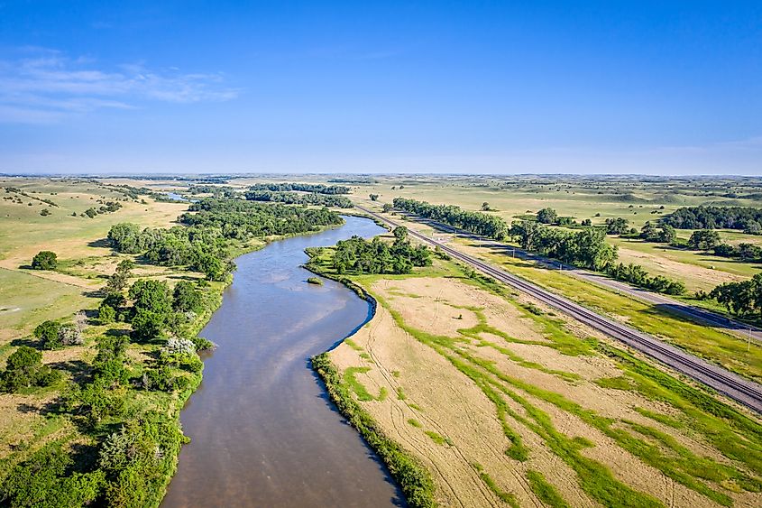 Aerial landscape of Nebraska Sandhills with the MIddle Loupe River near Dunning.