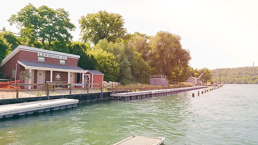 Lewiston, New York as seen from the dock on the Niagara River, with Queenston, Ontario, Canada in the background