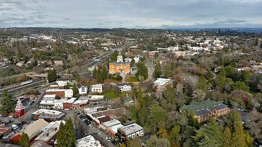 Downtown Auburn, California, with view of the Sierra Nevada Mountains.