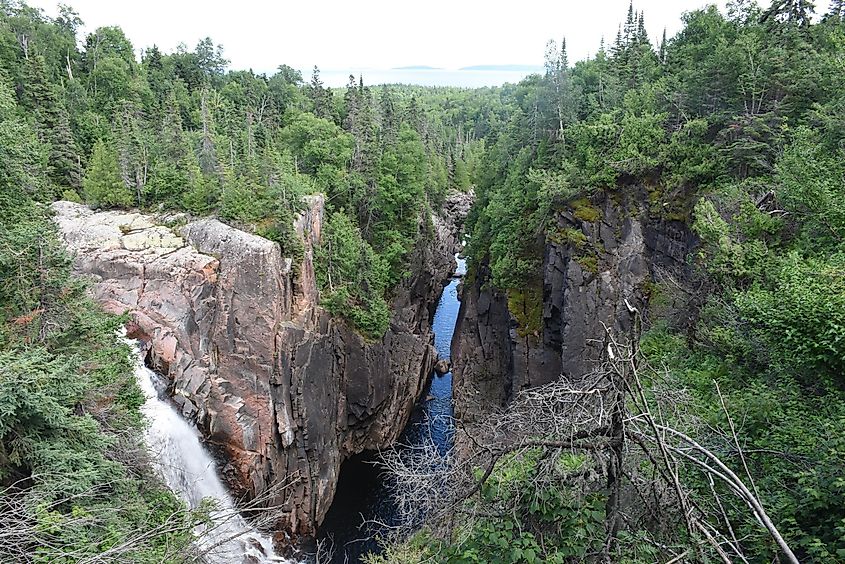 Aguasabon Falls in Terrace Bay, Ontario, with waterfalls and a canyon leading to Lake Superior.
