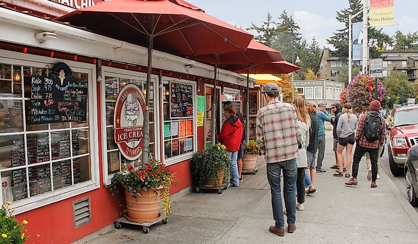 A view of a line of hungry customers waiting to order at Friday Harbor Ice Cream Company.
