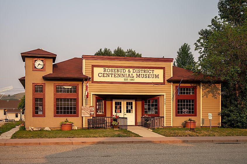 Rosebud, Alberta - July 23, 2021: Rosebud and District Centennial Museaum facade in the evening. Jeff Whyte via Shutterstock