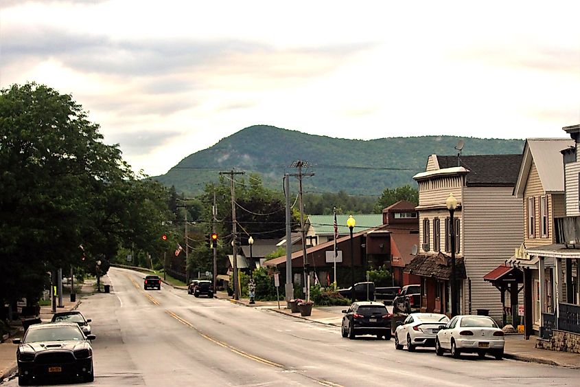 A row of businesses on Main Street in the village of Corinth, New Yor