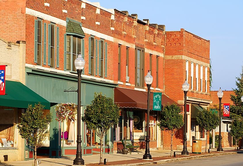 Shops along a street in Bedford, Ohio.
