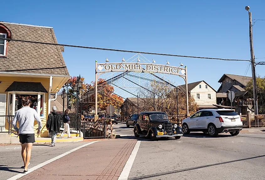 The Old Mill District along the Little Pigeon River in Pigeon Forge, Tennessee.