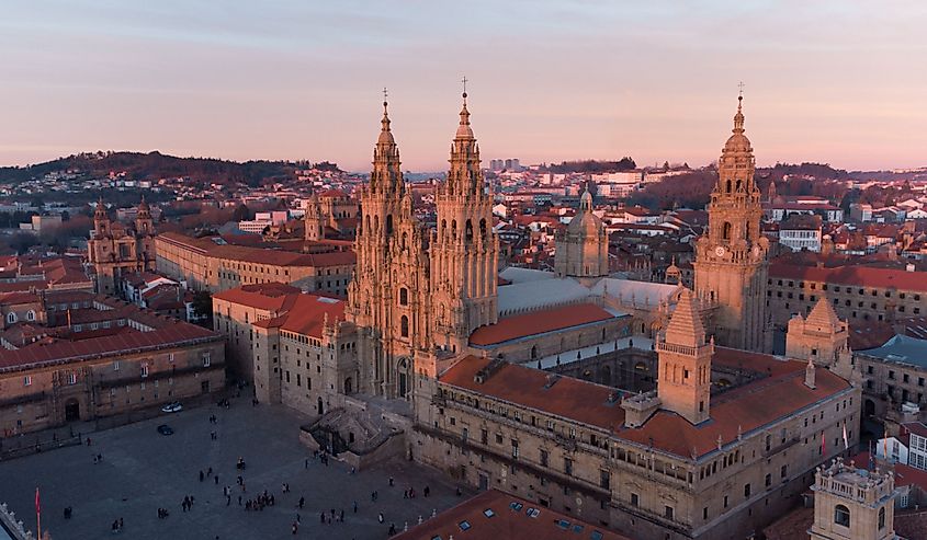 Aerial view of the Obradoiro facade of the cathedral of Santiago de Compostela at sunset