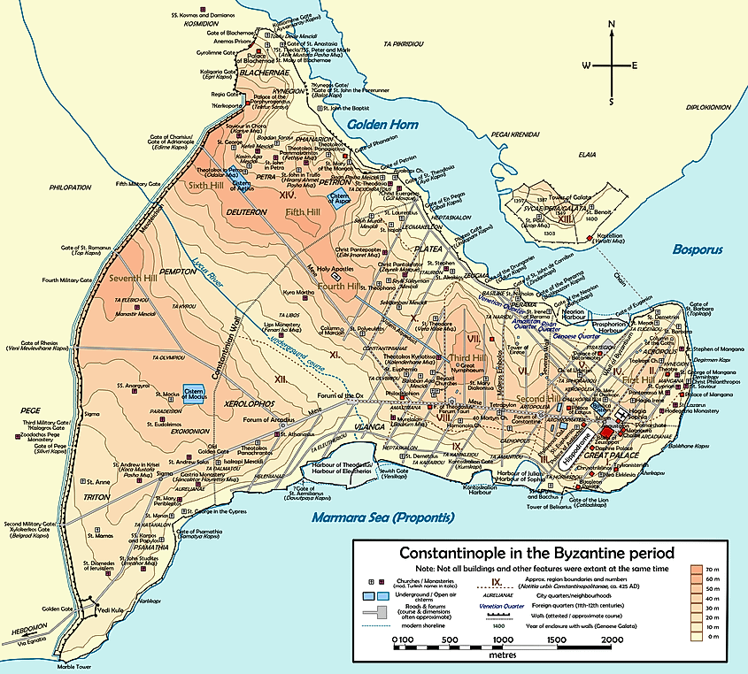 By Cplakidas - Own work using:Main map source: R. Janin, Constantinople Byzantine. Developpement urbain et repertoire topographiqueRoad network and some other details based on Dumbarton Oaks Papers 54Data on many churches, especially unidentified ones, taken from the New York University's The Byzantine Churches of Istanbul projectOther published maps and accounts of the city have been used for corroboration., CC BY-SA 3.0, https://commons.wikimedia.org/w/index.php?curid=5084599