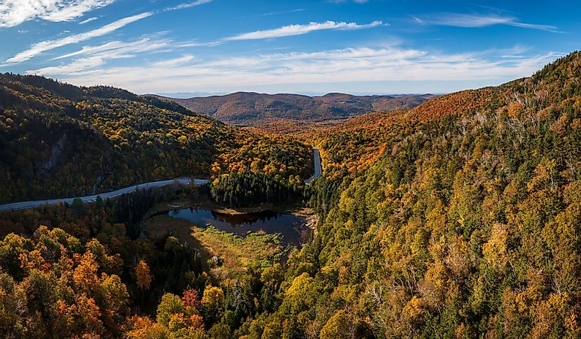 Aerial view of Appalachian Gap road or Route 17 between Vergennes to Waitsfield in Vermont during the fall