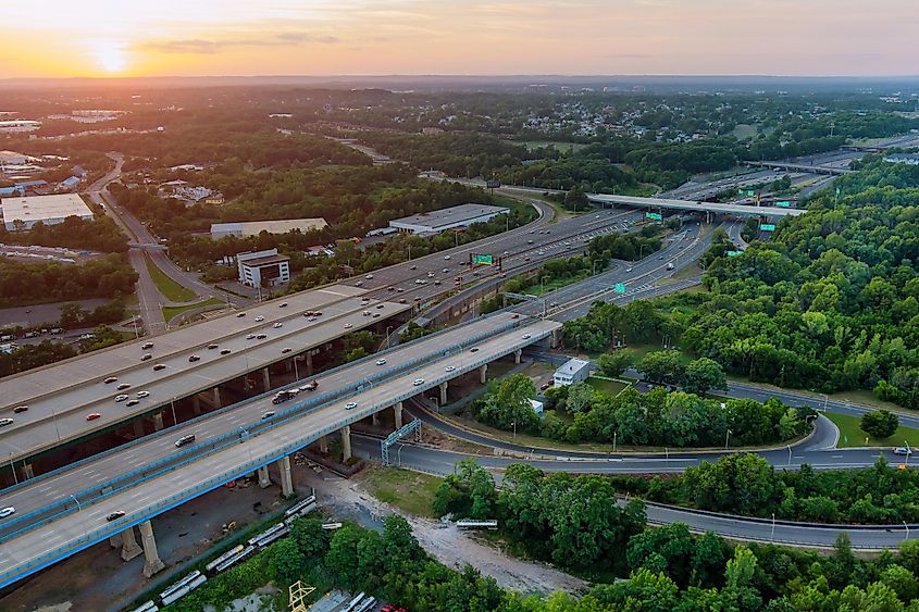 Aerial top view of the Alfred E. Driscoll Bridge across the Raritan River in the city of Woodbridge, New Jersey, USA.