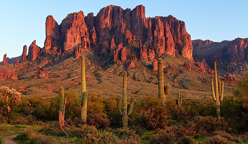 The Superstition Mountains and Sonoran desert landscape at sunset in Lost Dutchman State Park, Arizona