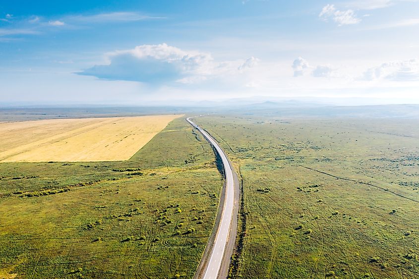 Aerial view of Trans-Siberian Highway near Chernyshevsk in Zabaykalsky Krai, Russia.