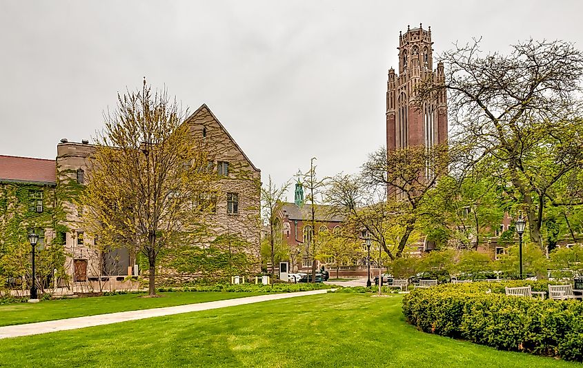 Square of Chicago University campus in Chicago, Illinois.