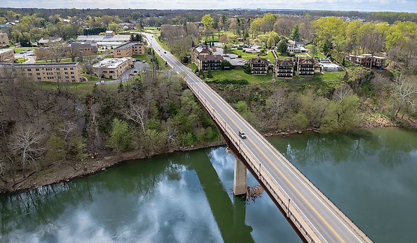 Aerial view of the Shepherdstown Pike Bridge that connects Sharpsburg, MD to Shepherdstown, WV.