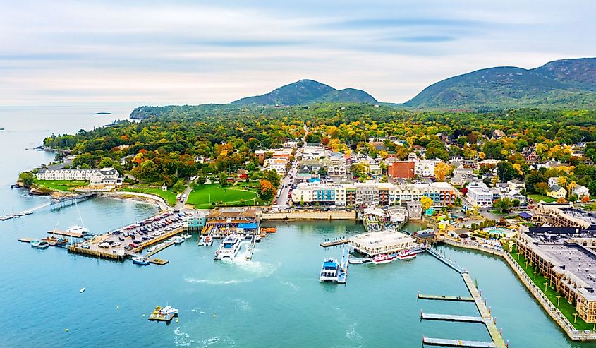 Aerial view of the harbor in Bar Harbor, Maine.