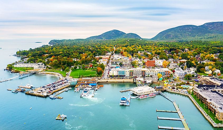 Aerial view of the harbor in Bar Harbor, Maine.