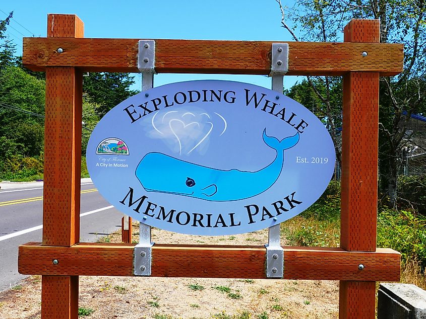 Street sign for Exploding Whale Memorial Park in Florence, Oregon