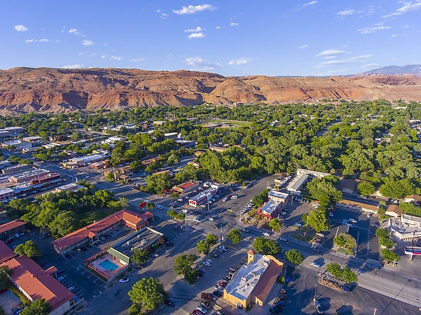 Aerial view of Moab city center and historical buildings.