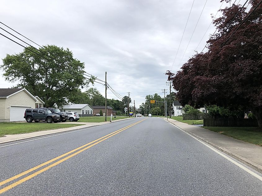 View east along Delaware State Route 54 (North Main Street) at Pepper Road in Selbyville, Sussex County, Delaware.