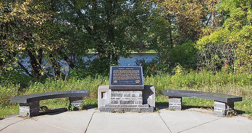 Fort Ripley historical marker directly across the Mississippi River from the original site