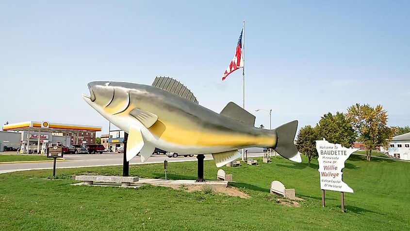 Willie the Walleye sculpture, US flag, and plaque. Editorial credit: lynn friedman / Shutterstock.com