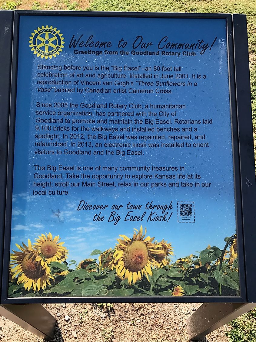 Plaque welcoming all to the 80' tall reproduction of Vincent van Gogh's "Three Sunflowers in a Vase."