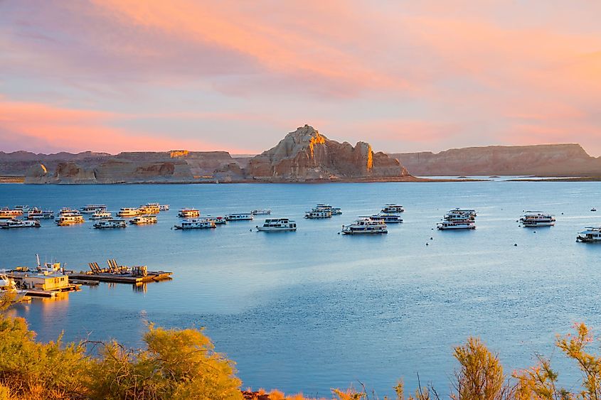 Houseboats during sunrise near Wahweap Marina on Lake Powell, near Page, Arizona. 