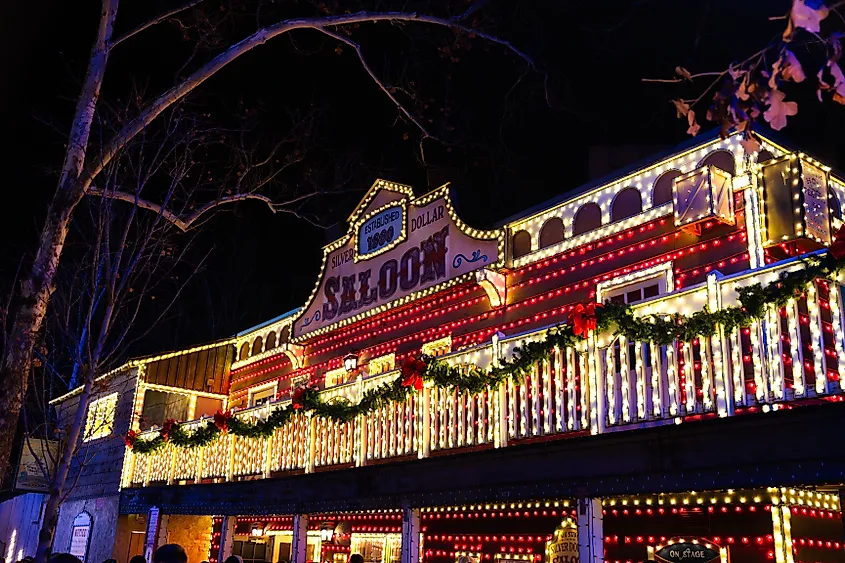 The saloon at the Christmas light display in Silver Dollar City, Branson, Missouri.