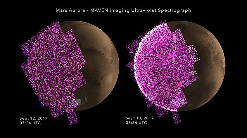 A solar storm triggers a bright aurora on Mars' night side.