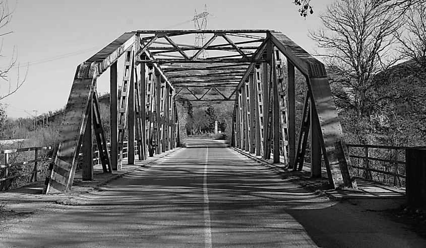 Black and white image of "Iron bridge" a bridge over Crna Reka (Black river) near Stobi, an ancient site in Macedonia.