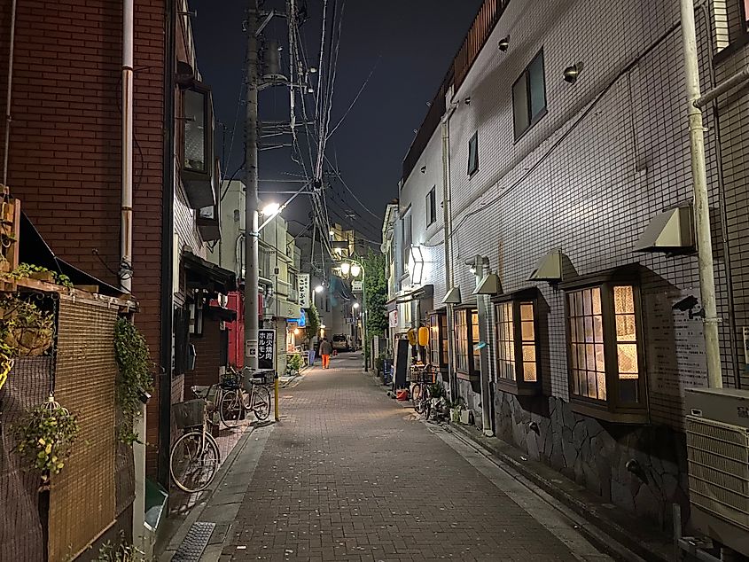 A quiet evening in a residential area in Tokyo. Light emanates gently onto an empty street through a few windows.