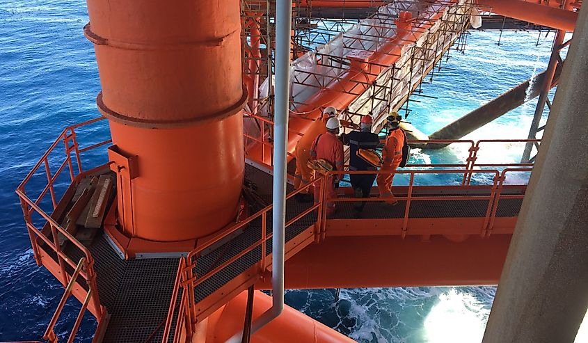 Workers on an offshore oil rig in Libya.