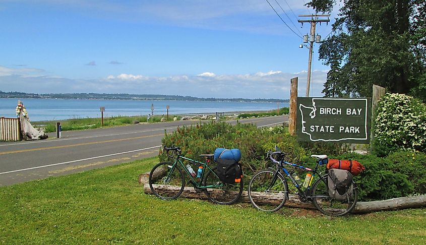 Two bicycles parked near a Birch Bay State Park sign by the coastline.