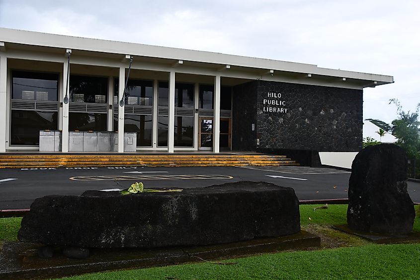 Naha Stone at Hilo Public Library on the Big Island in Hawaii.