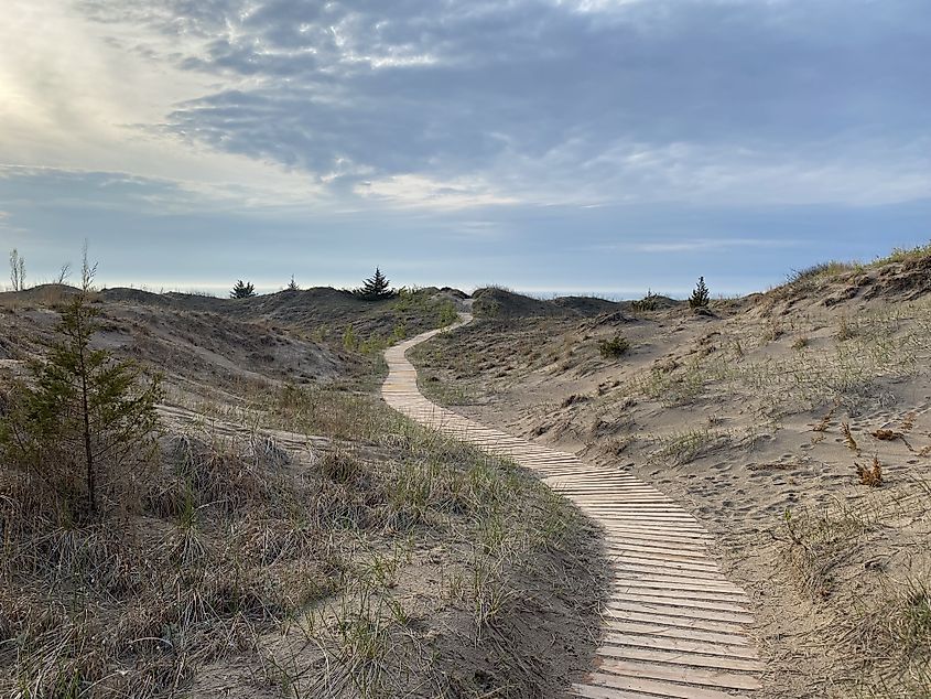 A long wooden boardwalk leads through grassy dune terrain and towards the beach