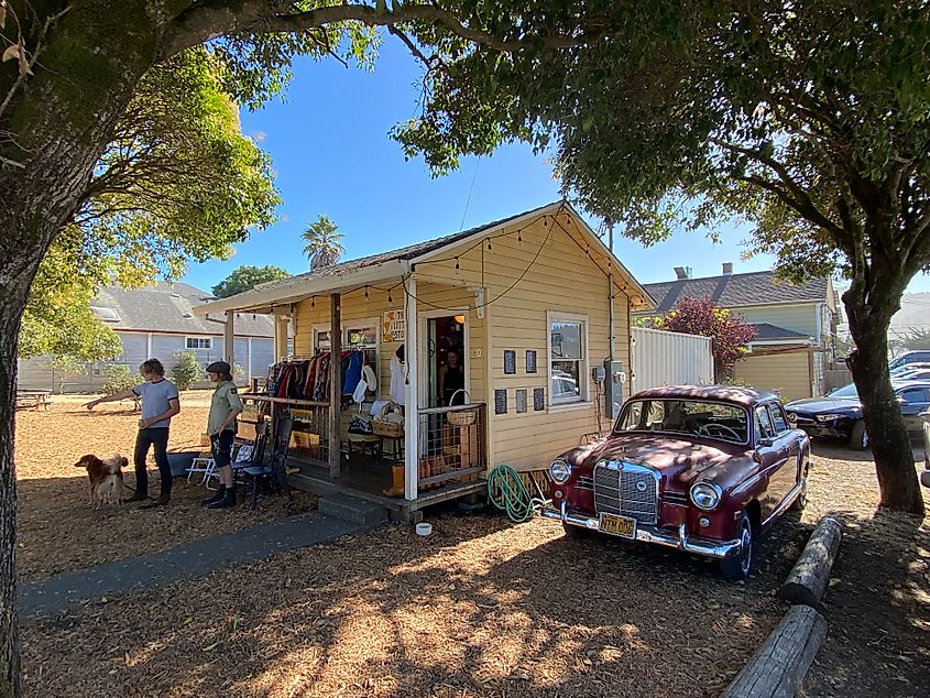 A couple with a dog and a vintage red car outside of a small yellow house-turned boutique shop.