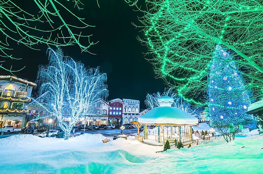 Beautiful Leavenworth with lighting decoration in winter