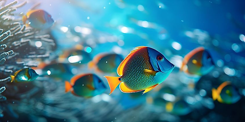 A school of colorful fish swimming amongst a tropical reef