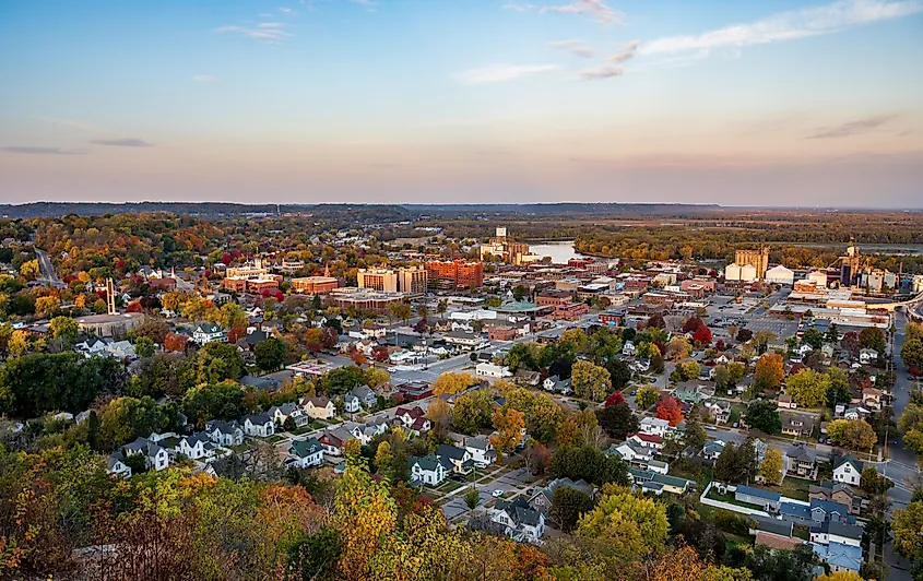 Stunning aerial view of downtown Red Wing, Minnesota, in fall