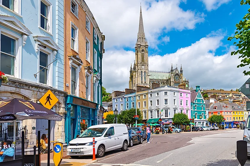 A colorful main street in Cobh, Ireland.