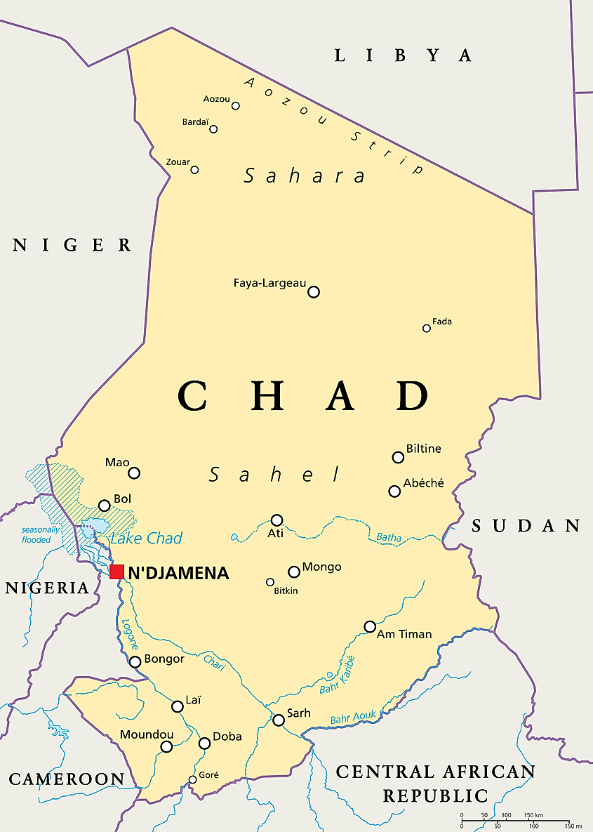 Map of Chad with bordering countries.