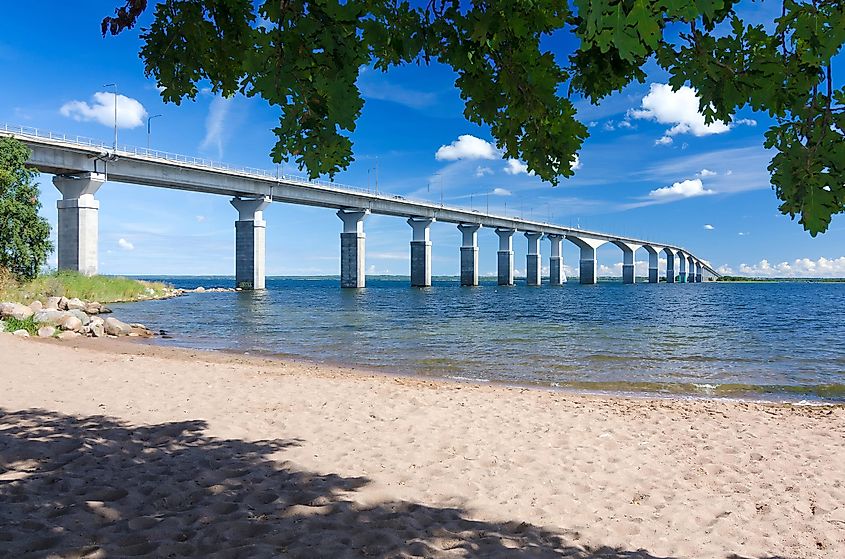 View of the Oland Bridge from the coast in Sweden.