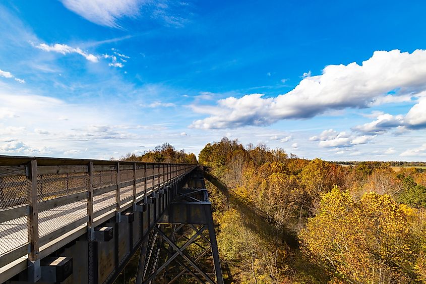 A wooden bridge across the Appomattox River in Farmville, Virginia.