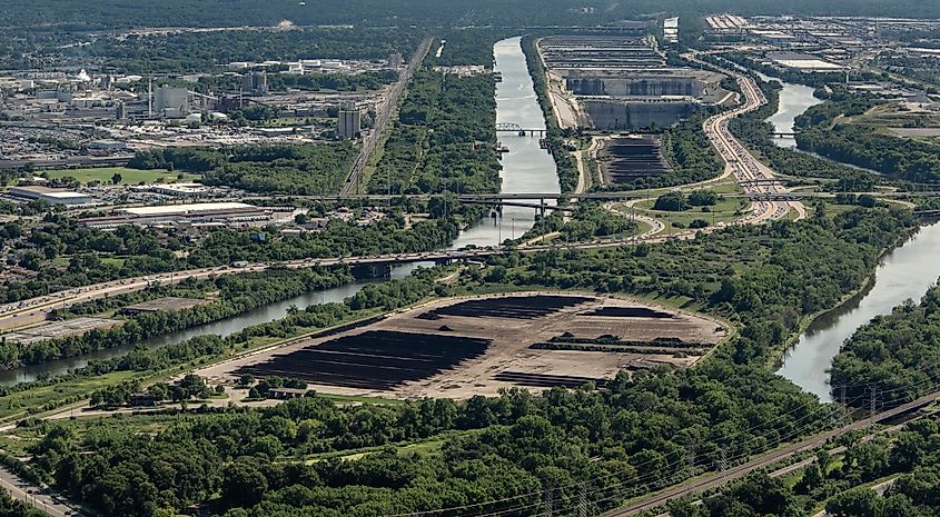 An aerial view of Chicago's Sanitary Ship Canal.