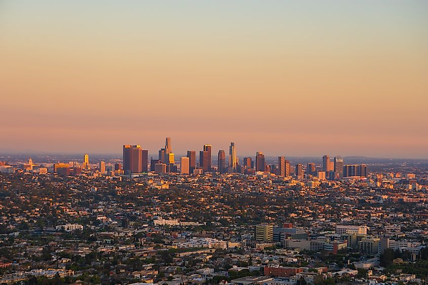 Beverly hills downtown skyline at sunset, Los Angeles, California.