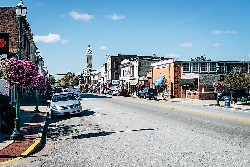 Main Street in Georgetown, Kentucky on a beautiful fall sunny day. Editorial credit: Alexey Stiop / Shutterstock.com